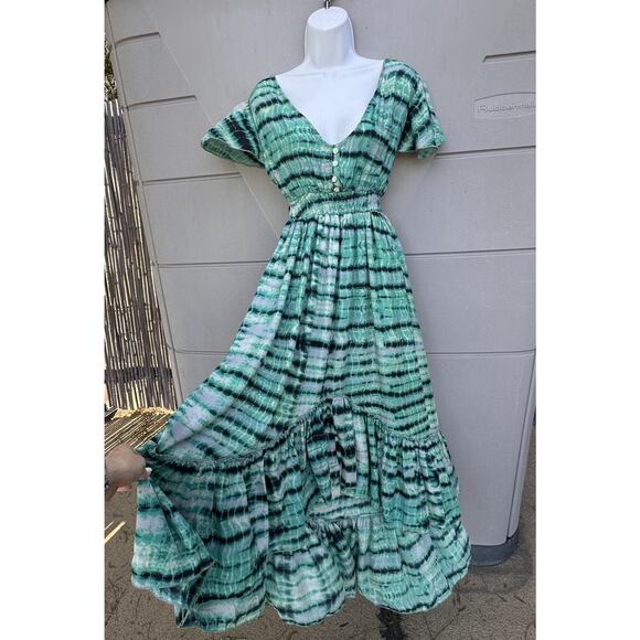 Y2K Tie Dye Print Silk Open Back Midi Dress Babydoll Whimsical Sundress Sz S - Picture 2 of 10